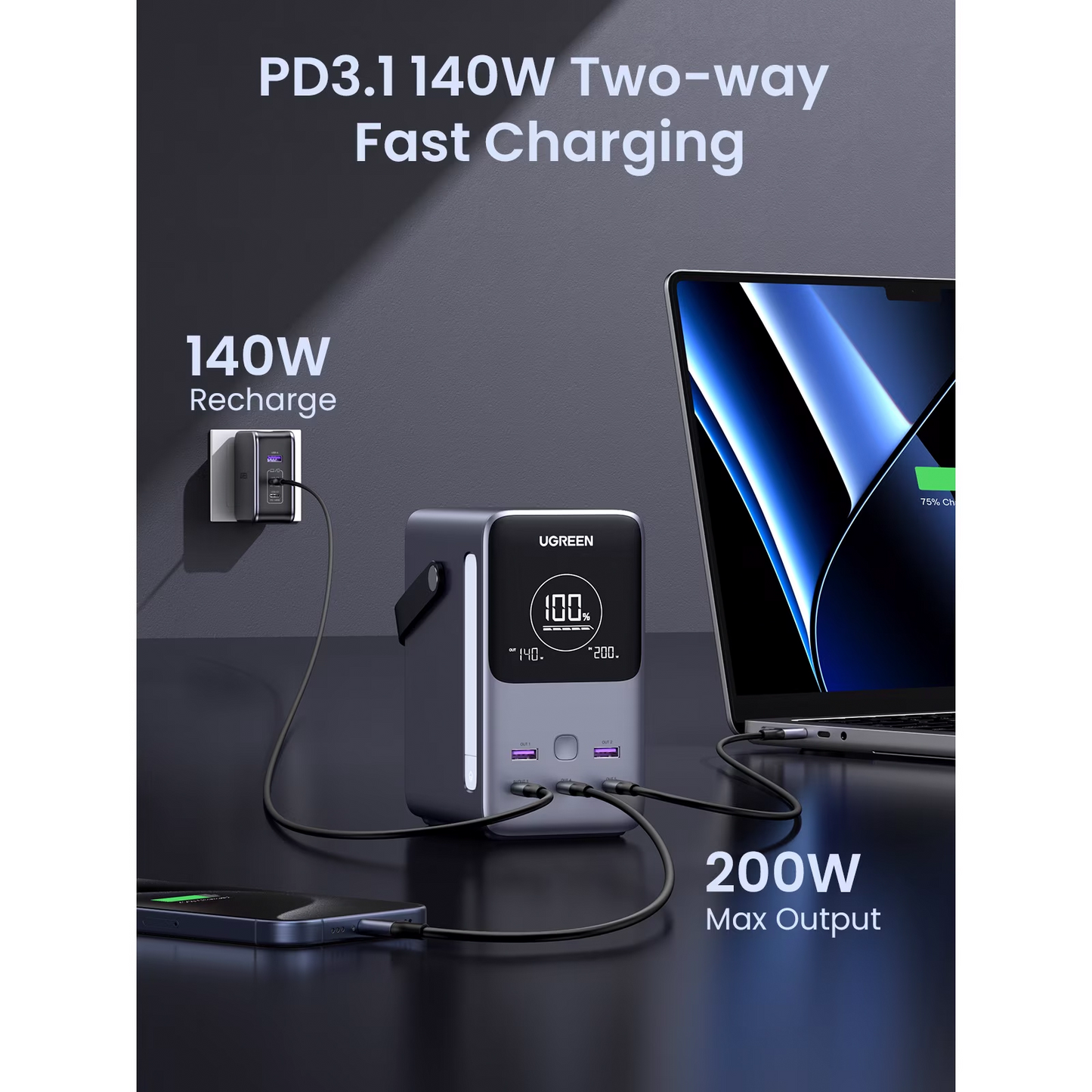 Εξωτερική Μπαταρία UGREEN PB770, 48000mAh, 300W, QC + PD, 2 x USB-A - 3 x USB-C, Γκρι, Επανασφραγισμένη