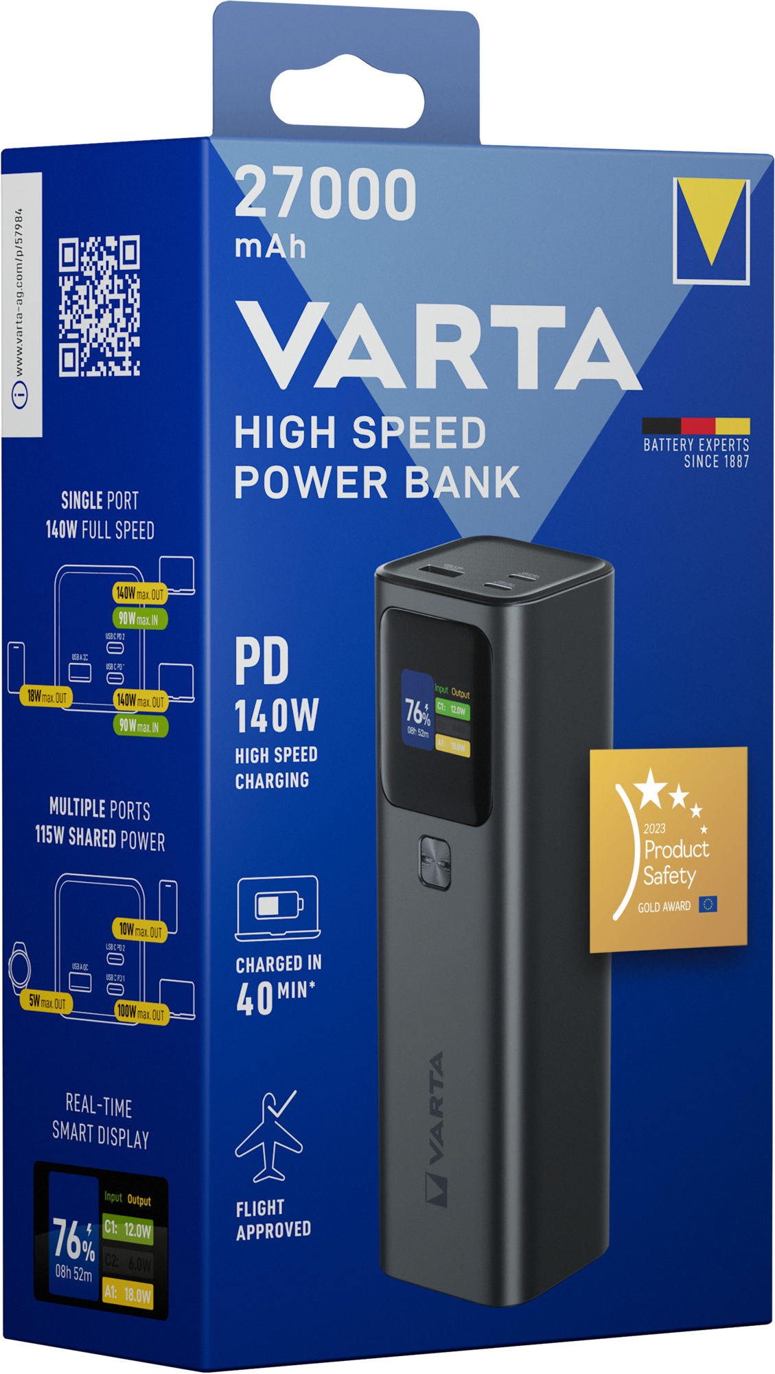 Εξωτερική Μπαταρία Varta High Speed, 27000mAh, 140W, QC + PD, 1 x USB-A - 2 x USB-C, Μαύρη