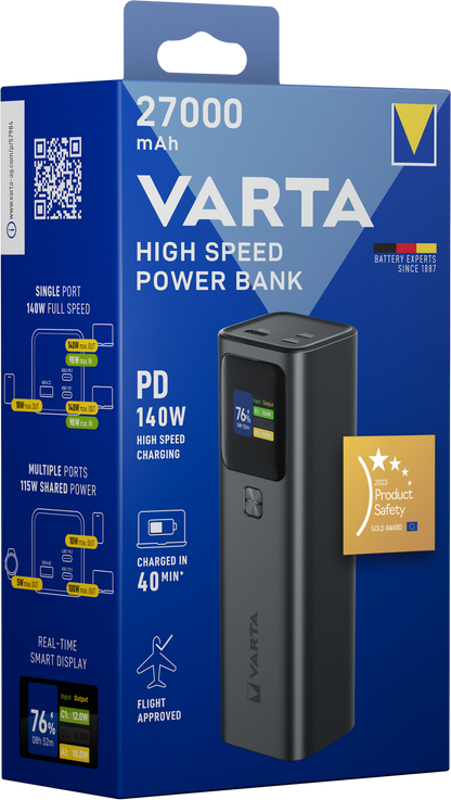 Εξωτερική Μπαταρία Varta High Speed, 27000mAh, 140W, QC + PD, 1 x USB-A - 2 x USB-C, Μαύρη