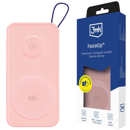 Εξωτερική Μπαταρία Wireless 3MK PastelUp, 10000mAh, 22.5W, QC + PD + FQI, 1 x USB-A - 1 x USB-C - 2 x QI, Ροζ