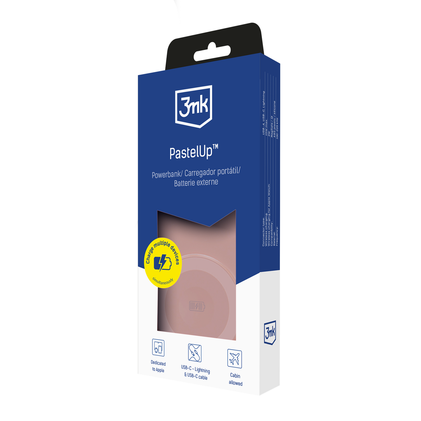 Εξωτερική Μπαταρία Wireless 3MK PastelUp, 10000mAh, 22.5W, QC + PD + FQI, 1 x USB-A - 1 x USB-C - 2 x QI, Ροζ