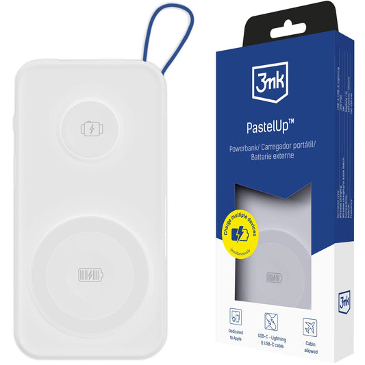 Εξωτερική Μπαταρία Wireless 3MK PastelUp, 10000mAh, 22.5W, QC + PD + FQI, 1 x USB-A - 1 x USB-C - 2 x QI, Λευκή