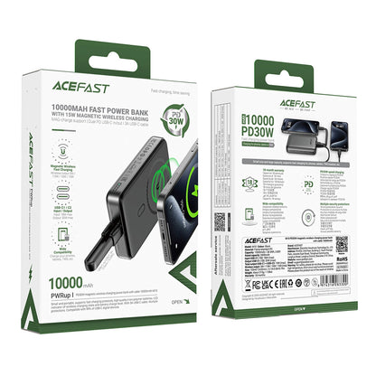Acefast M10 Wireless External Battery, 10000mAh, 30W, PD + FQI, 1 x QI - 2 x USB-C, Black