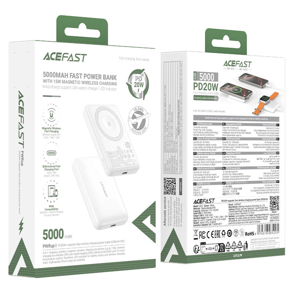 Acefast M25 Wireless External Battery, 5000mAh, 20W, PD + FQI, 1 x QI - 1 x USB-C, White