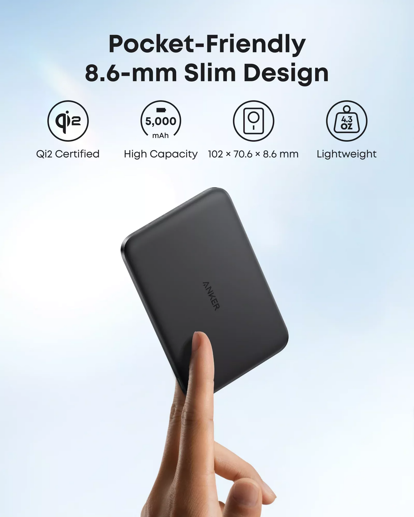 Anker Nano Wireless External Battery, 5000mAh, 20W, PD + FQI, 1 x QI - 1 x USB-C, Black A1665H11