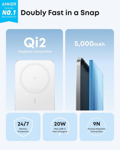 Εξωτερική Μπαταρία Ασύρματη Anker Nano, 5000mAh, 20W, PD + FQI, 1 x QI - 1 x USB-C, Λευκή A1665H21