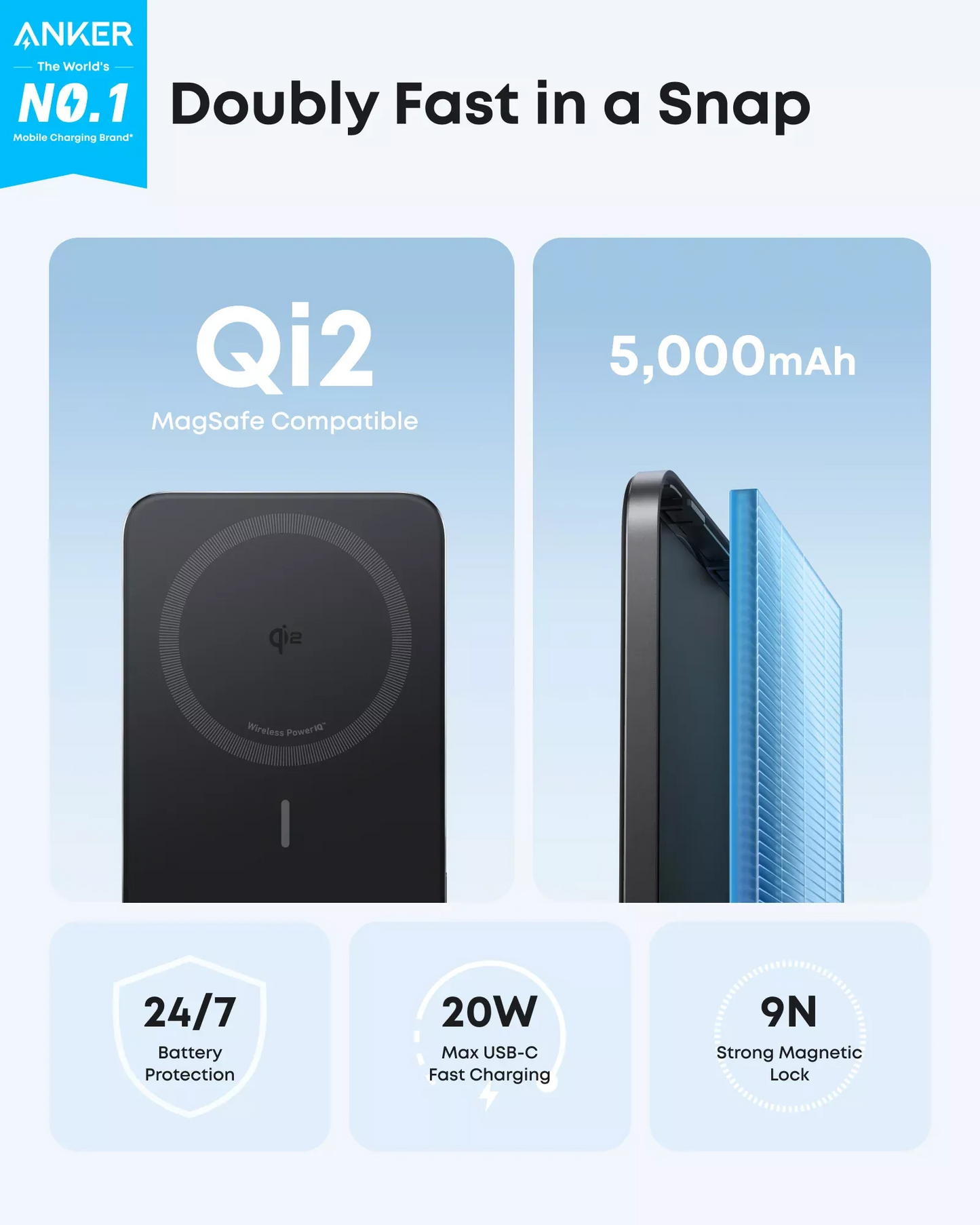Anker Nano Wireless External Battery, 5000mAh, 20W, PD + FQI, 1 x QI - 1 x USB-C, Black A1665H11