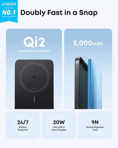 Anker Nano Wireless External Battery, 5000mAh, 20W, PD + FQI, 1 x QI - 1 x USB-C, Black A1665H11