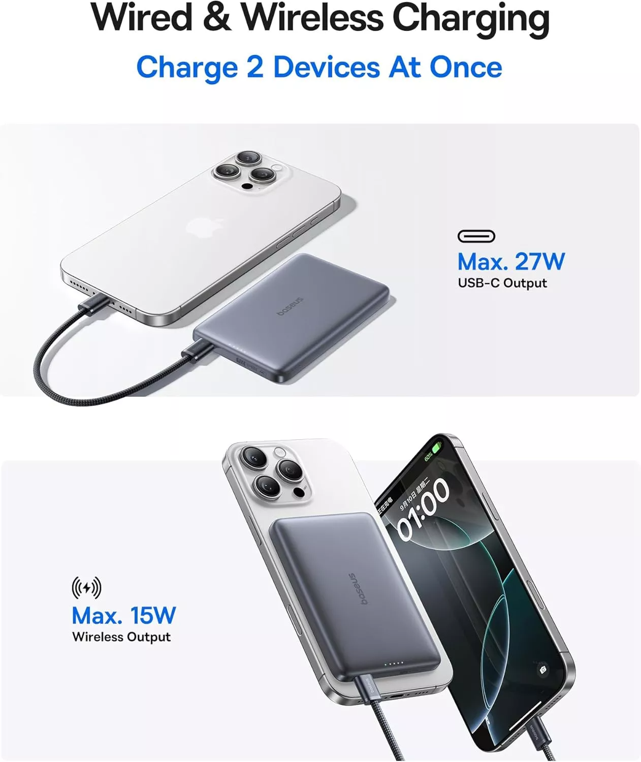 Εξωτερική Μπαταρία Ασύρματη Baseus PicoGo AM41, 10000mAh, 27W, PD + FQI, 1 x QI - 1 x USB-C, Γκρι E0027200