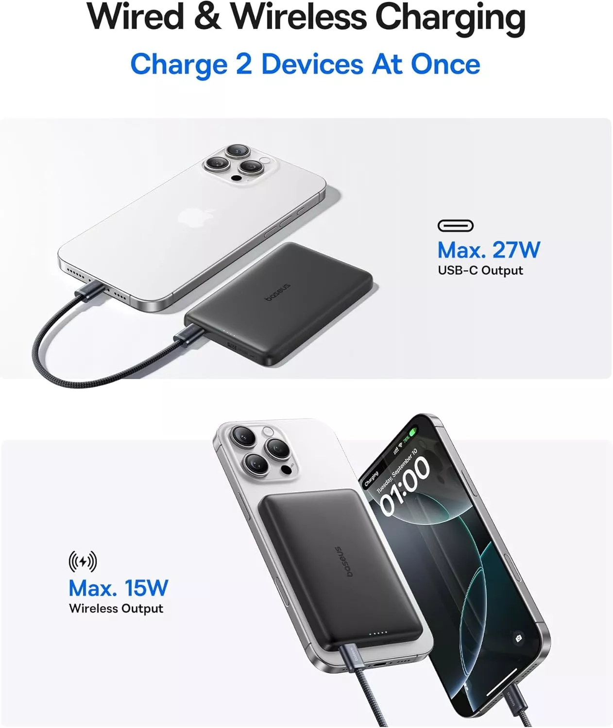 Εξωτερική Μπαταρία Ασύρματη Baseus PicoGo AM41, 10000mAh, 27W, PD + FQI, 1 x QI - 1 x USB-C, Μαύρη E0027201