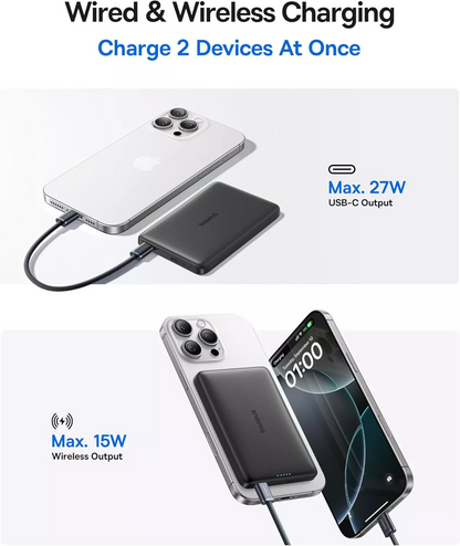 Εξωτερική Μπαταρία Ασύρματη Baseus PicoGo AM41, 10000mAh, 27W, PD + FQI, 1 x QI - 1 x USB-C, Μαύρη E0027201
