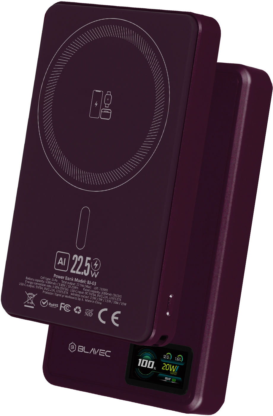 Blavec BJ-03 Slim Wireless Power Bank, 10000mAh, 22.5W, PD + FQI, 1 x QI - 1 x USB-C, Purple