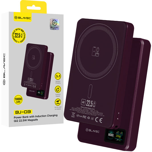Εξωτερική ασύρματη μπαταρία Blavec BJ-03 Slim, 10000mAh, 22.5W, PD + FQI, 1 x QI - 1 x USB-C, Μωβ