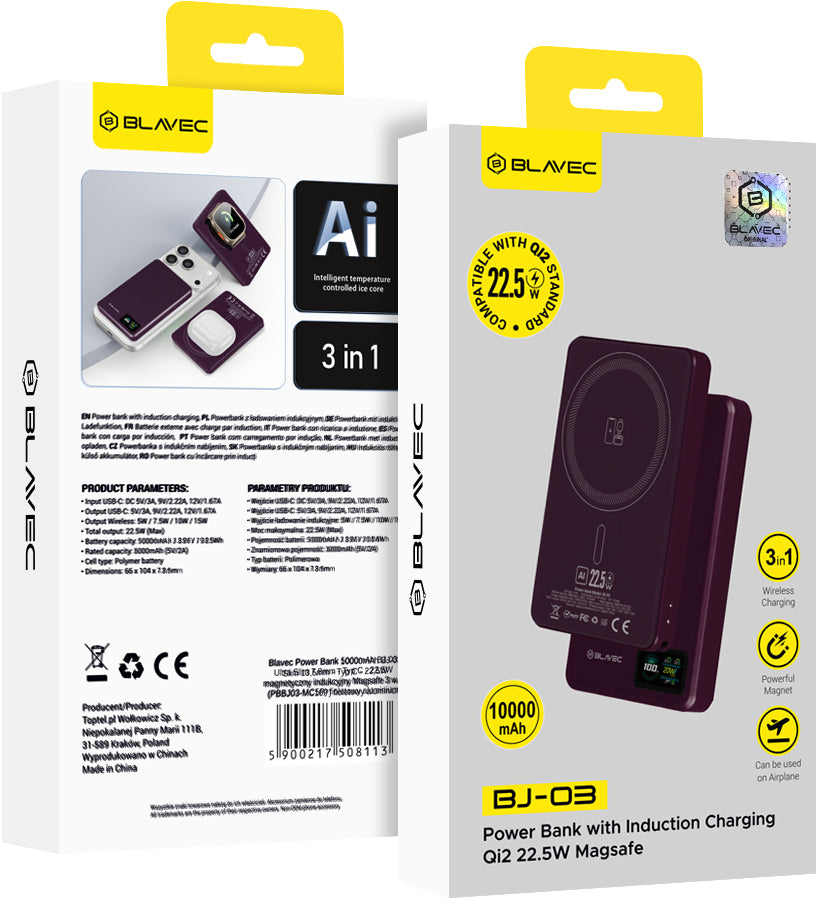 Blavec BJ-03 Slim Wireless Power Bank, 10000mAh, 22.5W, PD + FQI, 1 x QI - 1 x USB-C, Purple