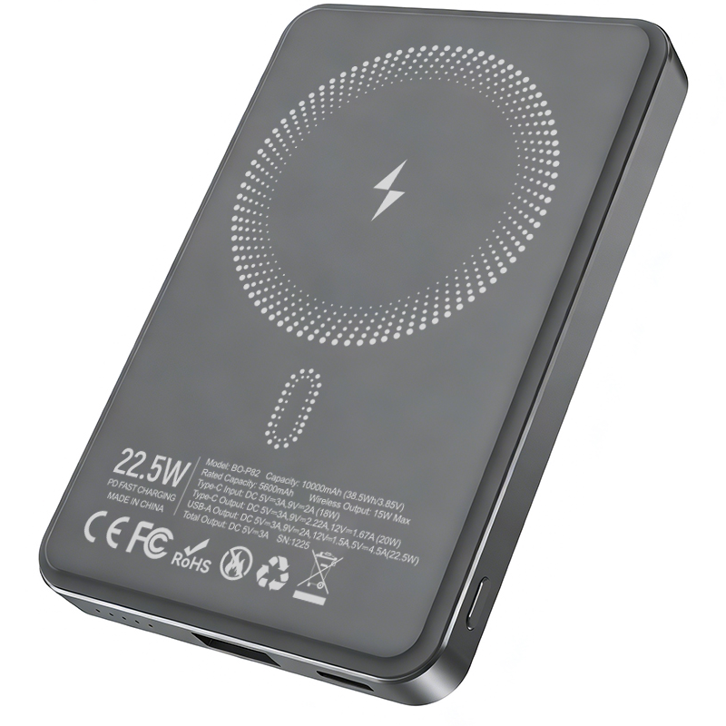 Εξωτερική Ασύρματη Μπαταρία BWOO BO-P82, 10000mAh, 22.5W, PD + FQI, 1 x QI - 1 x USB-C, Γκρι