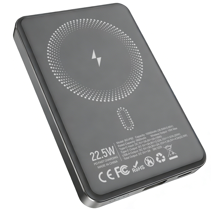 Εξωτερική Ασύρματη Μπαταρία BWOO BO-P82, 10000mAh, 22.5W, PD + FQI, 1 x QI - 1 x USB-C, Γκρι