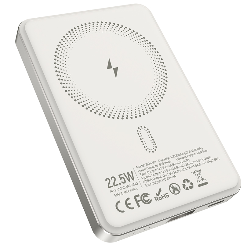 Εξωτερική Ασύρματη Μπαταρία BWOO BO-P82, 10000mAh, 22.5W, PD + FQI, 1 x QI - 1 x USB-C, Λευκή