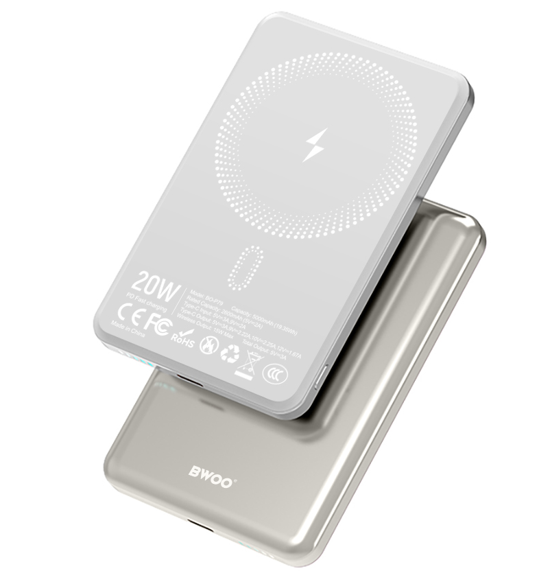 Wireless External Battery BWOO P79, 5000mAh, 20W, PD + FQI, 1 x QI - 1 x USB-C, Gray