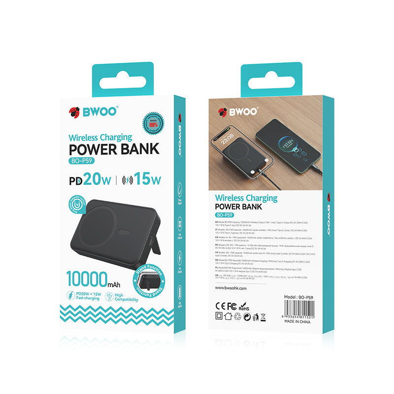 Εξωτερική Μπαταρία Wireless BWOO BO-P59, 10000mAh, 20W, PD + FQI, 1 x QI - 1 x USB-C, Μαύρη