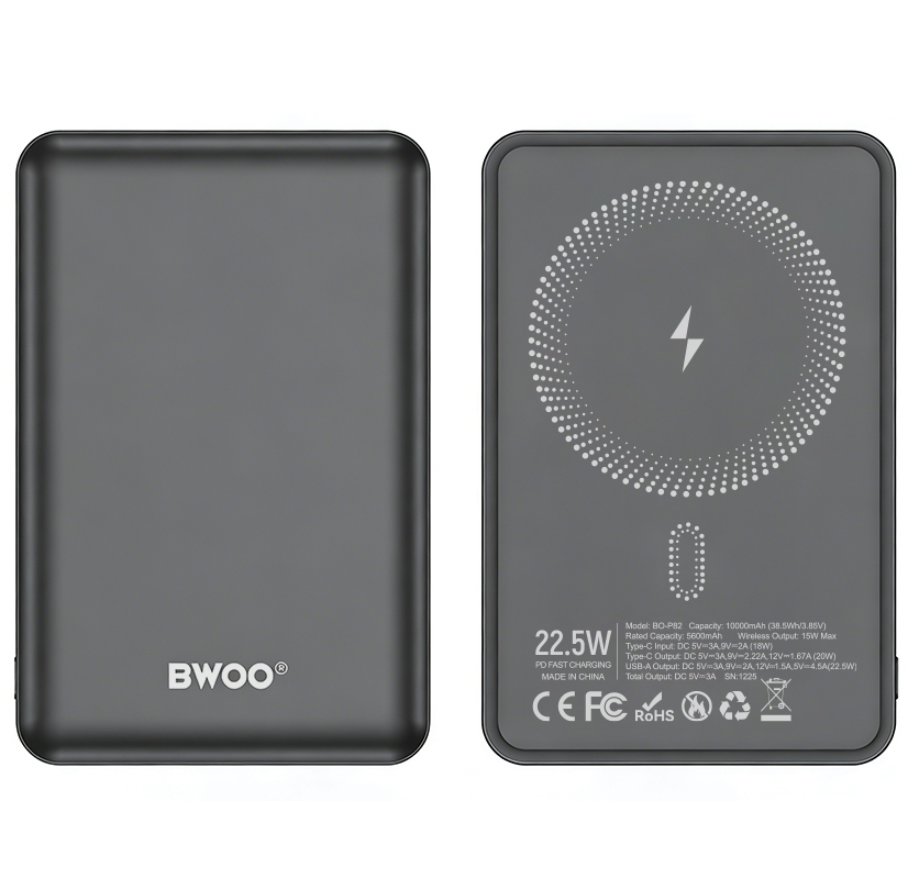 Εξωτερική Ασύρματη Μπαταρία BWOO BO-P82, 10000mAh, 22.5W, PD + FQI, 1 x QI - 1 x USB-C, Γκρι