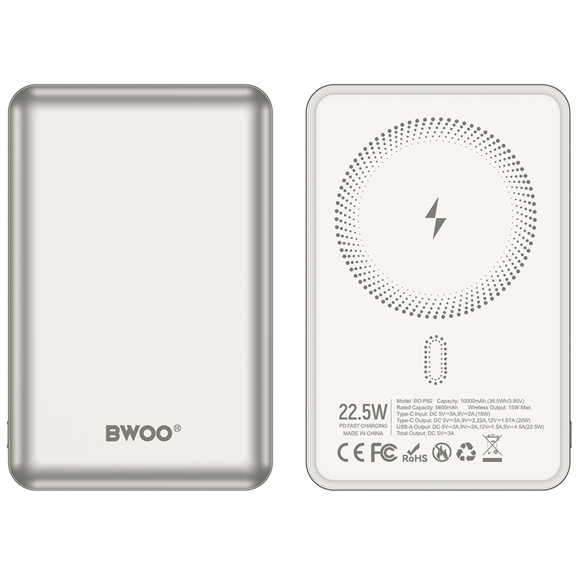 Εξωτερική Ασύρματη Μπαταρία BWOO BO-P82, 10000mAh, 22.5W, PD + FQI, 1 x QI - 1 x USB-C, Λευκή
