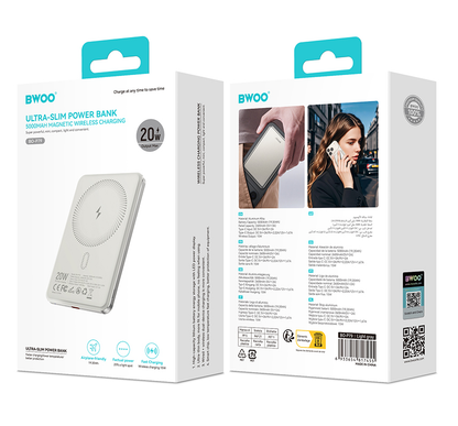Wireless External Battery BWOO P79, 5000mAh, 20W, PD + FQI, 1 x QI - 1 x USB-C, Gray