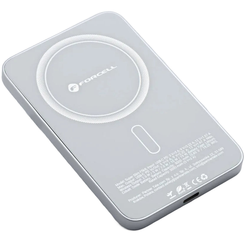 Εξωτερική Μπαταρία Wireless Forcell F5K8, 5000mAh, 15W, PD + FQI, 1 x QI - 1 x USB-C, Λευκή