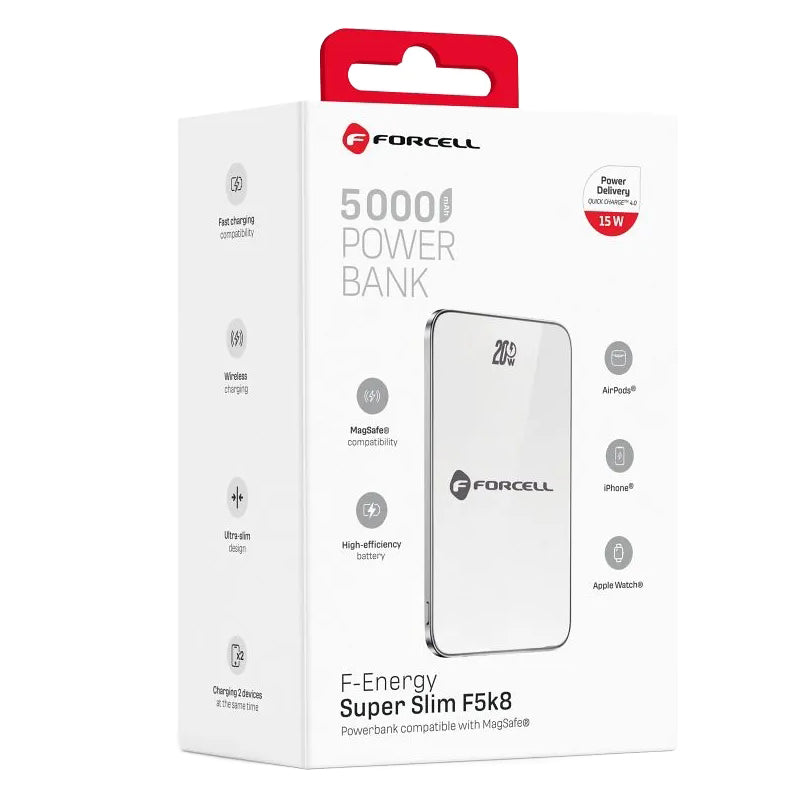 Εξωτερική Μπαταρία Wireless Forcell F5K8, 5000mAh, 15W, PD + FQI, 1 x QI - 1 x USB-C, Λευκή