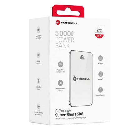 Εξωτερική Μπαταρία Wireless Forcell F5K8, 5000mAh, 15W, PD + FQI, 1 x QI - 1 x USB-C, Λευκή