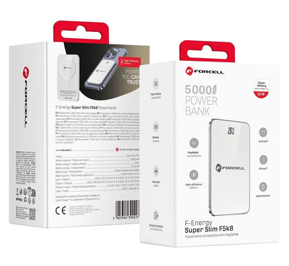 Εξωτερική Μπαταρία Wireless Forcell F5K8, 5000mAh, 15W, PD + FQI, 1 x QI - 1 x USB-C, Λευκή