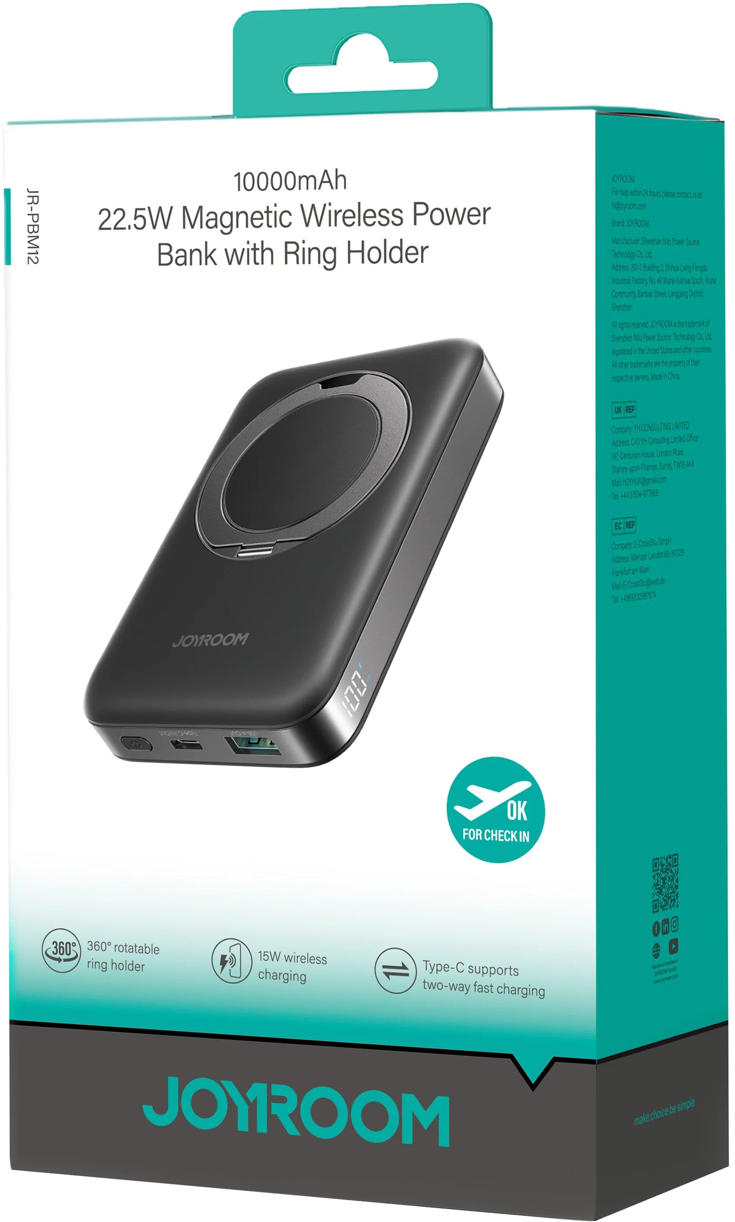 Εξωτερική Μπαταρία Wireless Joyroom JR-PBM12, 10000mAh, 22.5W, QC + PD + FQI, 1 x QI - 1 x USB-A - 1 x USB-C, Μαύρη