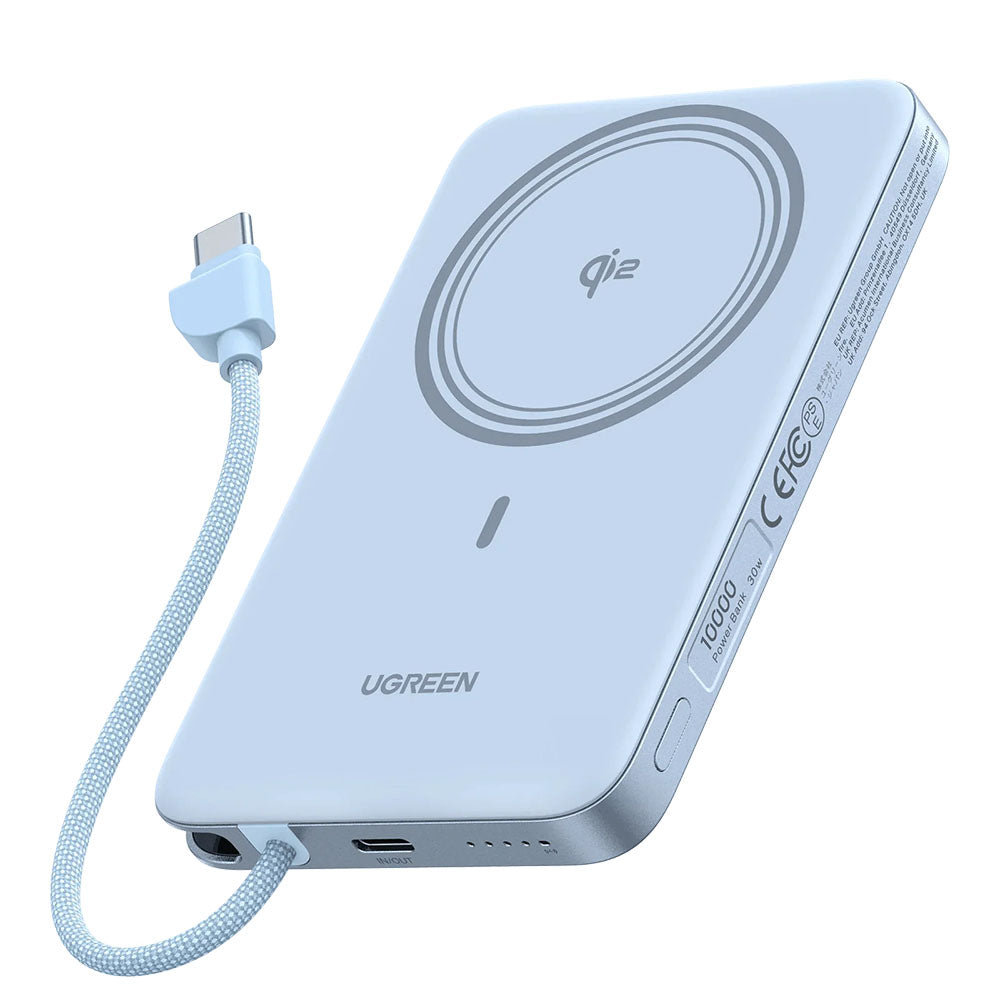Ασύρματη εξωτερική μπαταρία UGREEN PB570 (65839B), 10000mAh, 30W, PD + FQI, 1 x QI - 2 x USB-C, μπλε