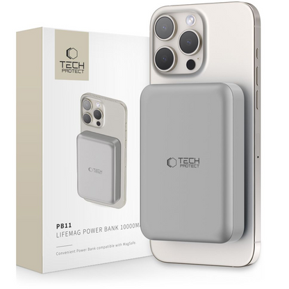 Tech-Protect PB11 LifeMag Wireless External Battery, 10000mAh, 15W, PD + FQI, 1 x QI - 1 x USB-C, Gray, Resealed