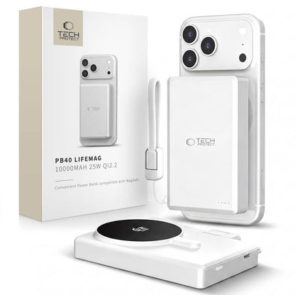 Tech-Protect PB40 LifeMag Wireless External Battery, 10000mAh, 25W, PD + FQI, 1 x QI - 1 x USB-C, Silver