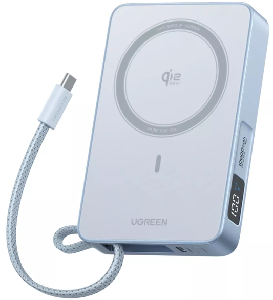 Εξωτερική Μπαταρία Wireless UGREEN MagFlow PB773, 10000mAh, 25W, PD + FQI, 1 x QI - 2 x USB-C, Μπλε