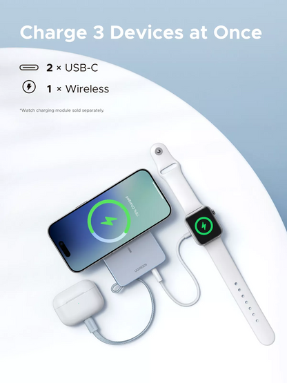 Εξωτερική Ασύρματη Μπαταρία UGREEN MagFlow PB773 (65958), 10000mAh, 25W, PD + FQI, 1 x QI - 2 x USB-C, Μπλε