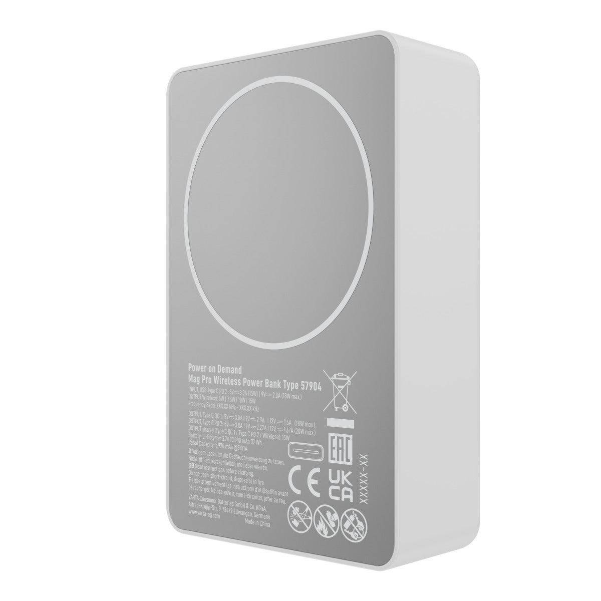 Εξωτερική Μπαταρία Wireless Varta Mag Pro, 10000mAh, 20W, 1 x QI - 2 x USB-C, Λευκή