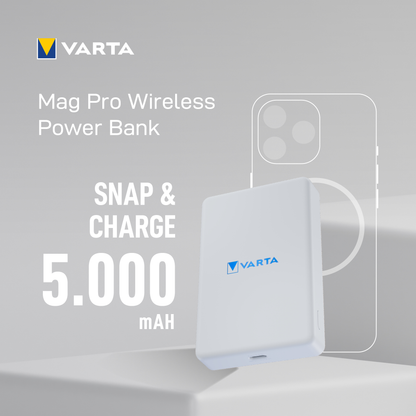 Εξωτερική Μπαταρία Wireless Varta Mag Pro, 5000mAh, 12W, 1 x QI - 1 x USB-C, Λευκή