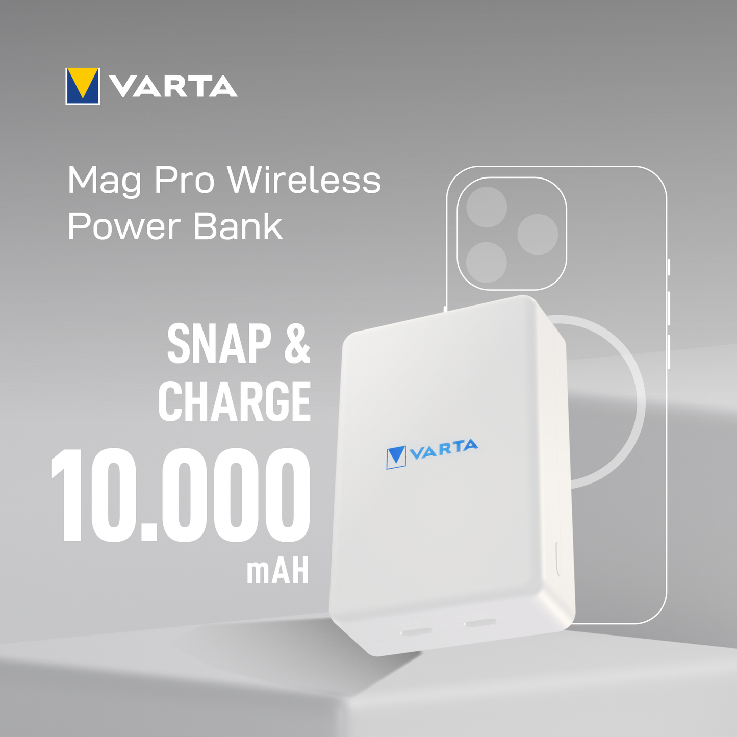 Εξωτερική Μπαταρία Wireless Varta Mag Pro, 10000mAh, 20W, 1 x QI - 2 x USB-C, Λευκή