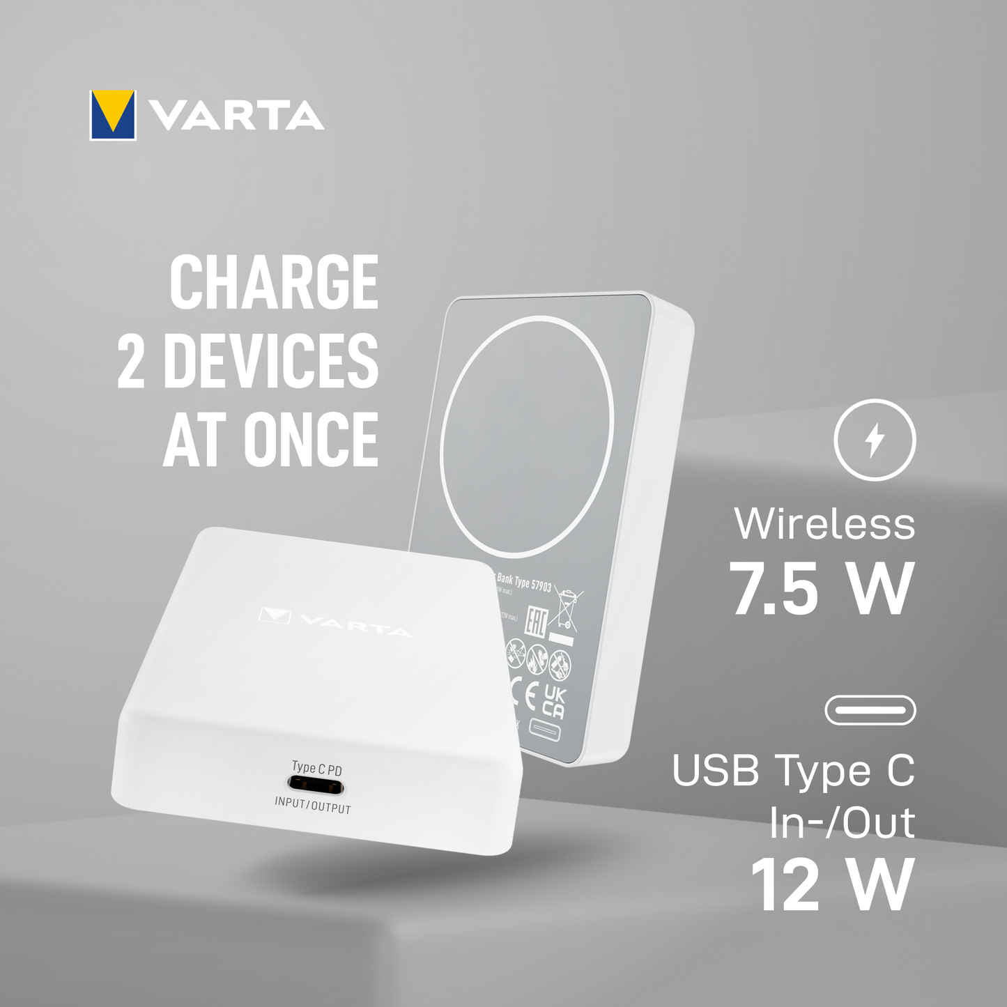 Εξωτερική Μπαταρία Wireless Varta Mag Pro, 5000mAh, 12W, 1 x QI - 1 x USB-C, Λευκή