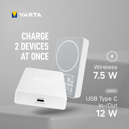 Εξωτερική Μπαταρία Wireless Varta Mag Pro, 5000mAh, 12W, 1 x QI - 1 x USB-C, Λευκή
