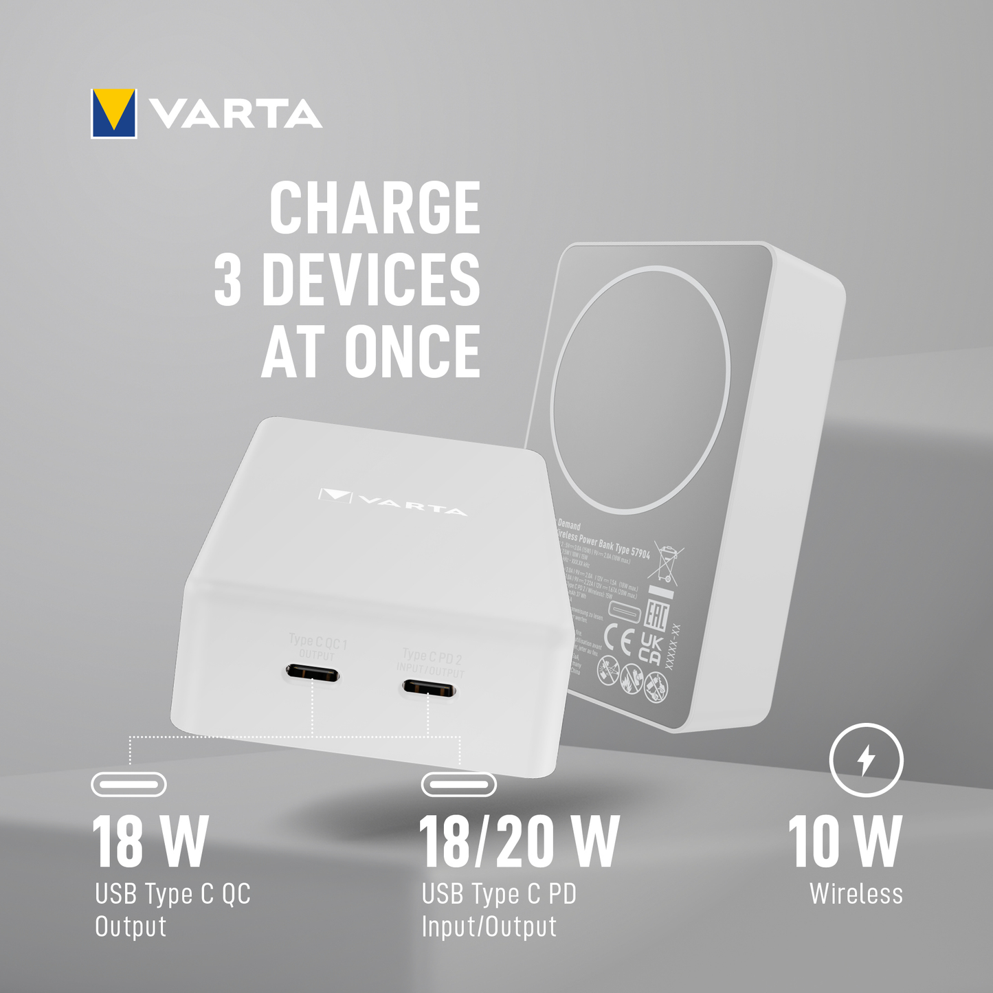 Εξωτερική Μπαταρία Wireless Varta Mag Pro, 10000mAh, 20W, 1 x QI - 2 x USB-C, Λευκή