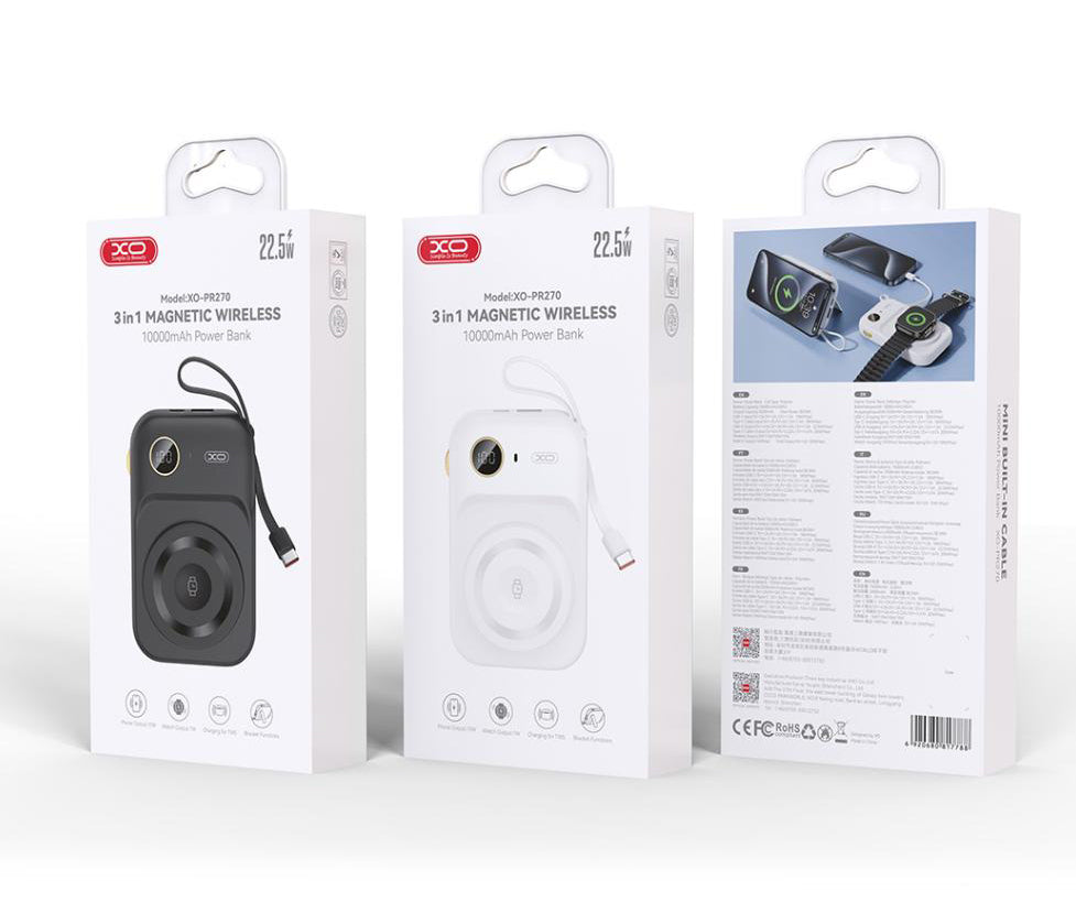Εξωτερική Μπαταρία Wireless XO Design PR270, 10000mAh, 22.5W, QC + PD + QI, 1 x QI - 1 x USB-A - 1 x USB-C, Λευκή