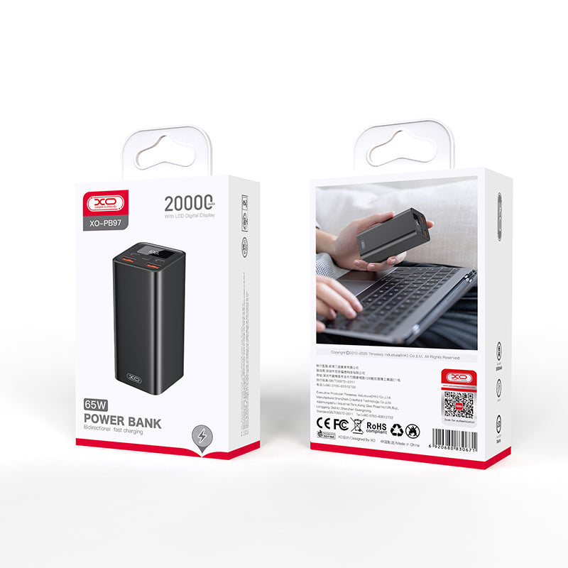 Εξωτερική Μπαταρία XO Design PB97, 20000mAh, 65W, QC + PD, 2 x USB-A - 2 x USB-C, Μαύρη