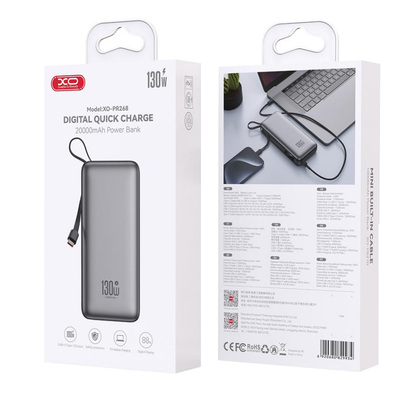 Εξωτερική Μπαταρία XO Design PR268, 20000mAh, 130W, QC + PD, 1 x USB-A - 2 x USB-C, Γκρι