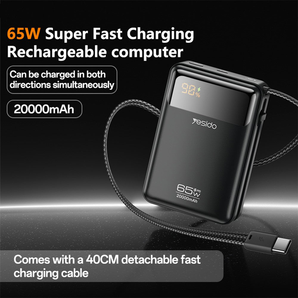 Yesido YP97 External Battery, 20000mAh, 65W, PD, 2 x USB-C, Gray