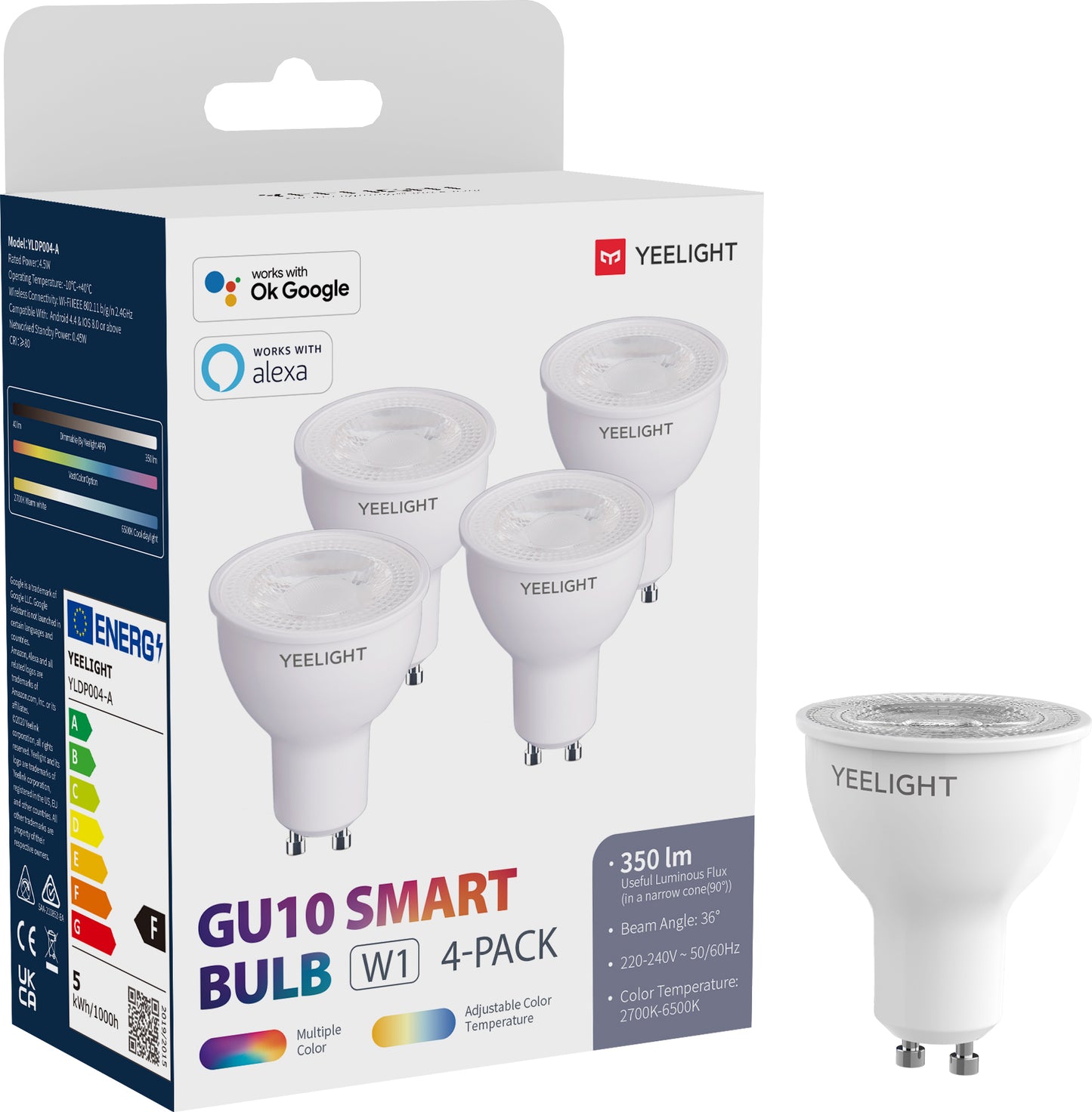 Λάμπα LED Yeelight W1, Wi-Fi, GU10, 4.5W, 2700K - 6500K, 350lm, Σετ 4 τεμάχια, Πολύχρωμη YLDP004-A