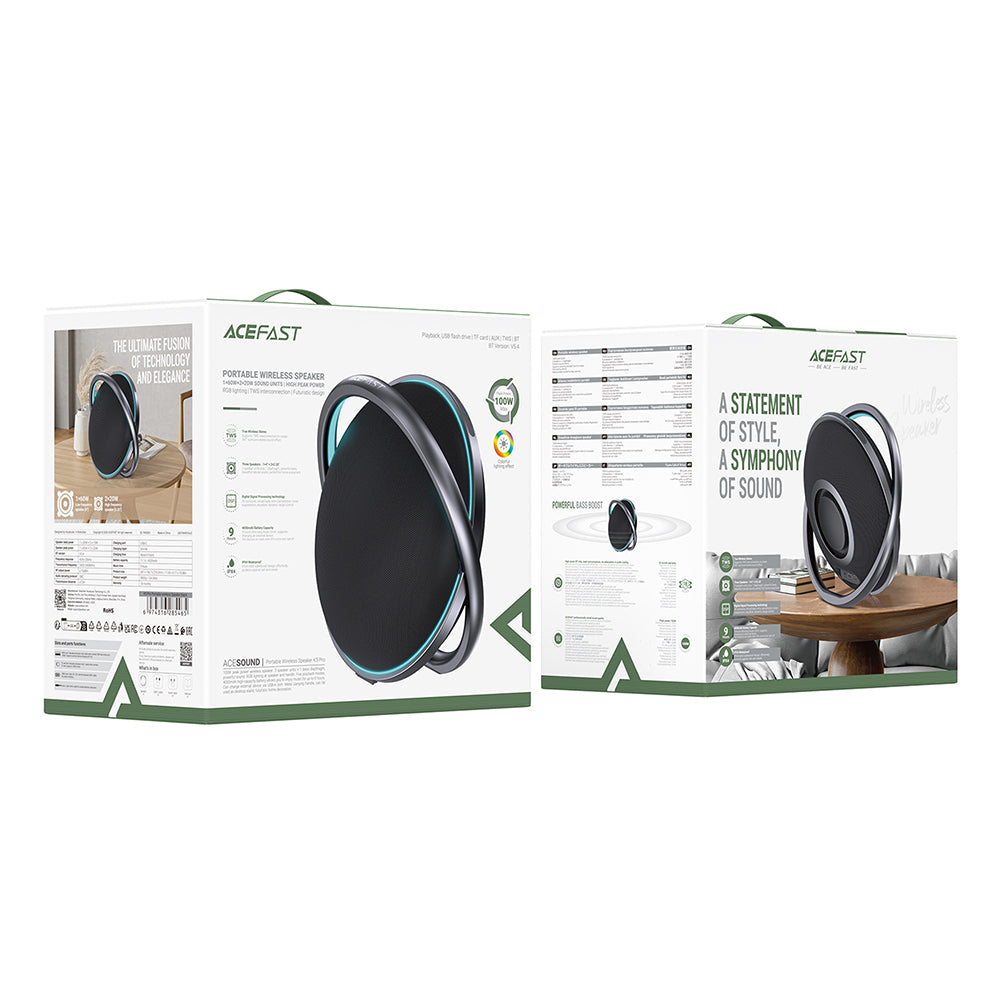 Ηχείο Bluetooth Acefast K5 Pro, 100W, RGB, Αδιάβροχο, Μαύρο