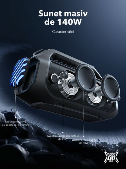 Anker SoundCore Boom 2 Plus New Version Portable Bluetooth Speaker, 140W, TWS, RGB, Waterproof, Black A3134012