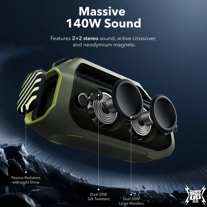 Φορητό ηχείο Bluetooth Anker Soundcore Boom 2 Plus, 140W, RGB, αδιάβροχο, πράσινο A3134061 